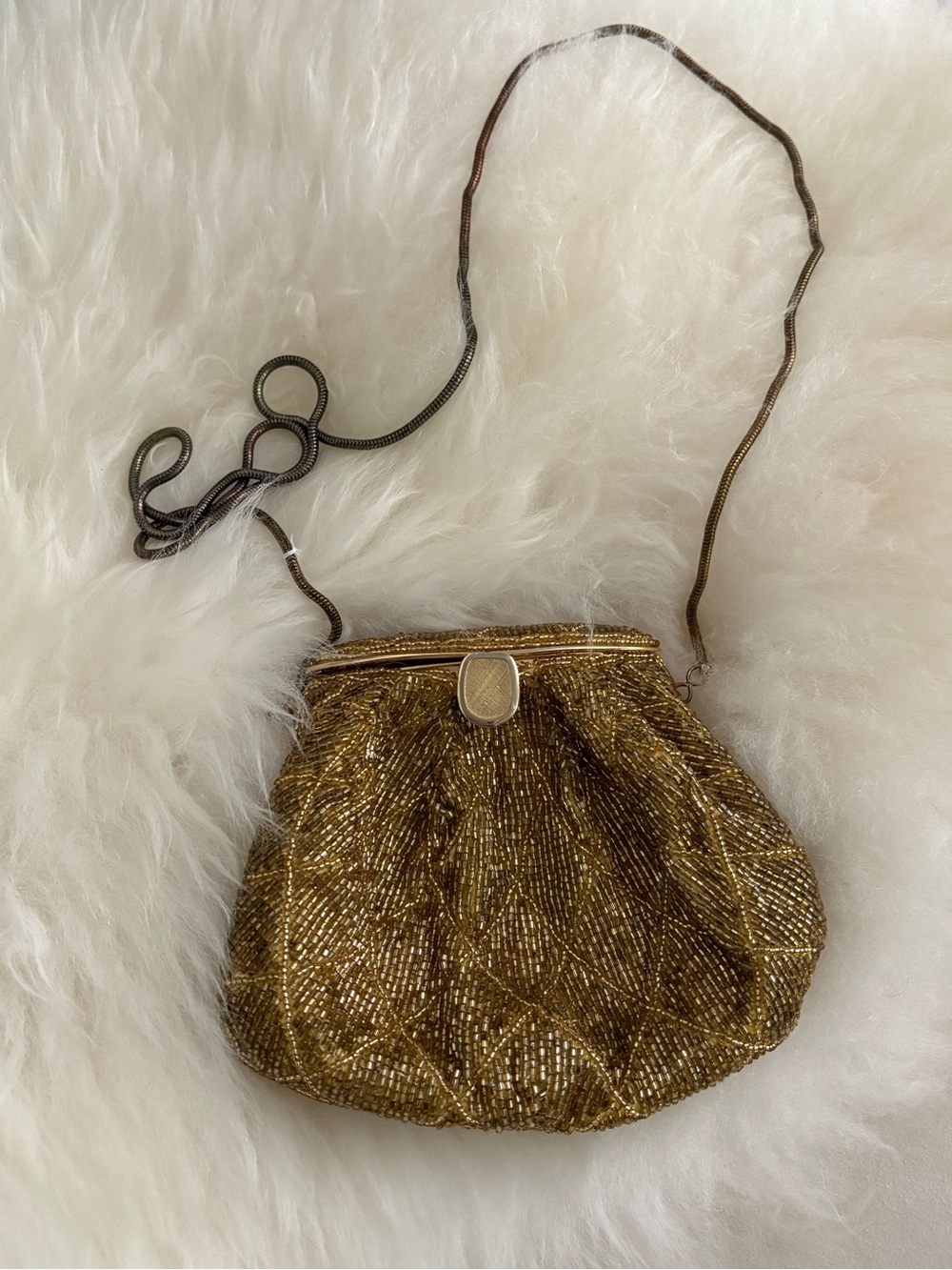 Gold Beaded Mini Crossbody Shoulder Bag with Chain Strap
